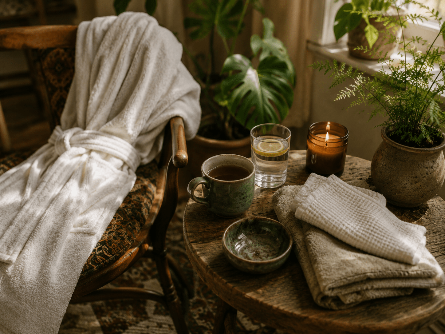 Arrangement of items prepared for a Relax and Be home massage