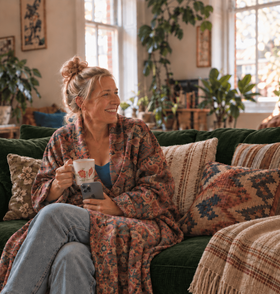 Woman happily choosing a massage on her phone from the sofa